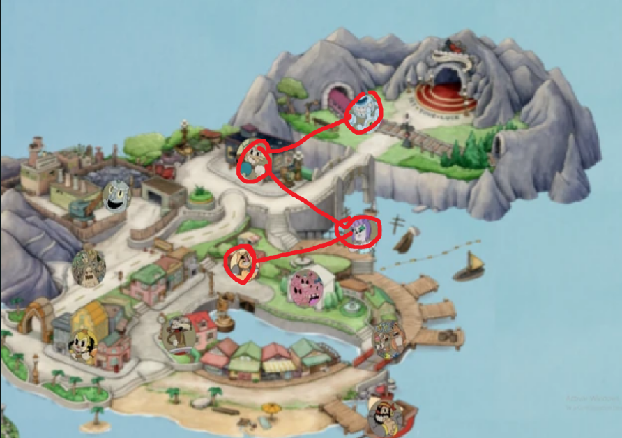 Cuphead map, where connected locations draw out a S.