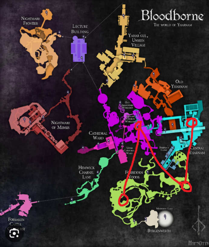 Bloodborne map, where connected locations draw out a N.