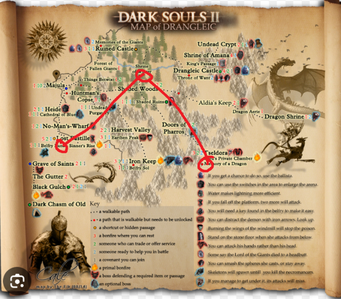 Dark Souls II map, where connected locations draw out a A.