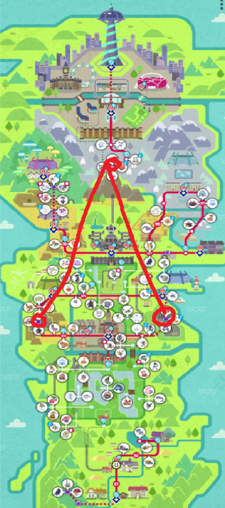 Pokemon Sword and Shield map, where connected locations draw out a A.