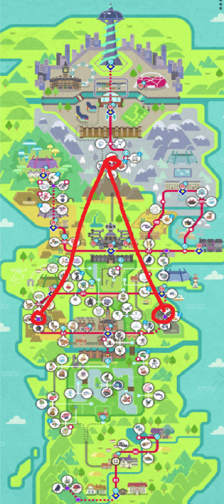 Pokemon Sword and Shield map, where connected locations draw out a A.