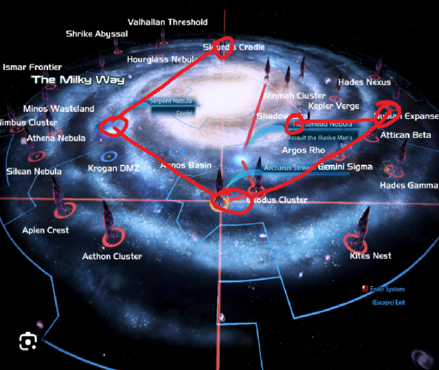 Mass Effect 3 map, where connected locations draw out a G.