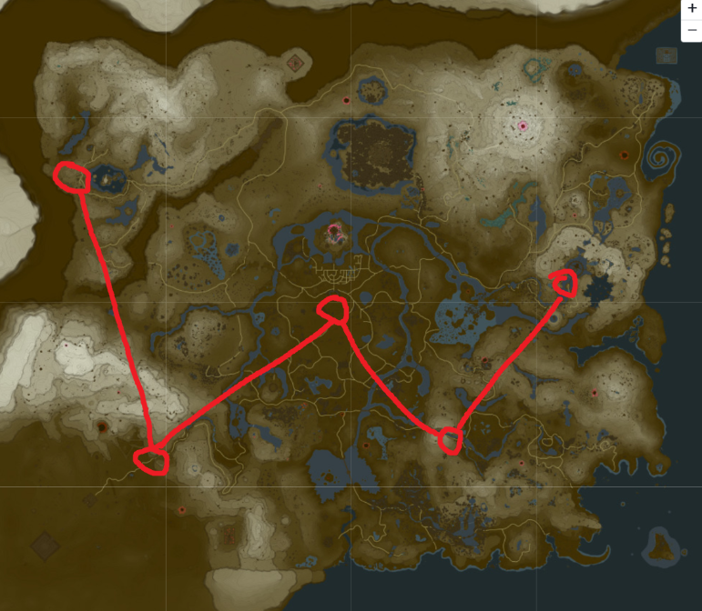 Legend of Zelda: TotK map, where connected locations draw out a W.