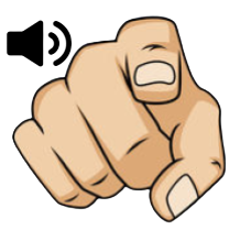 Audio symbol next to a hand pointing towards the viewer
