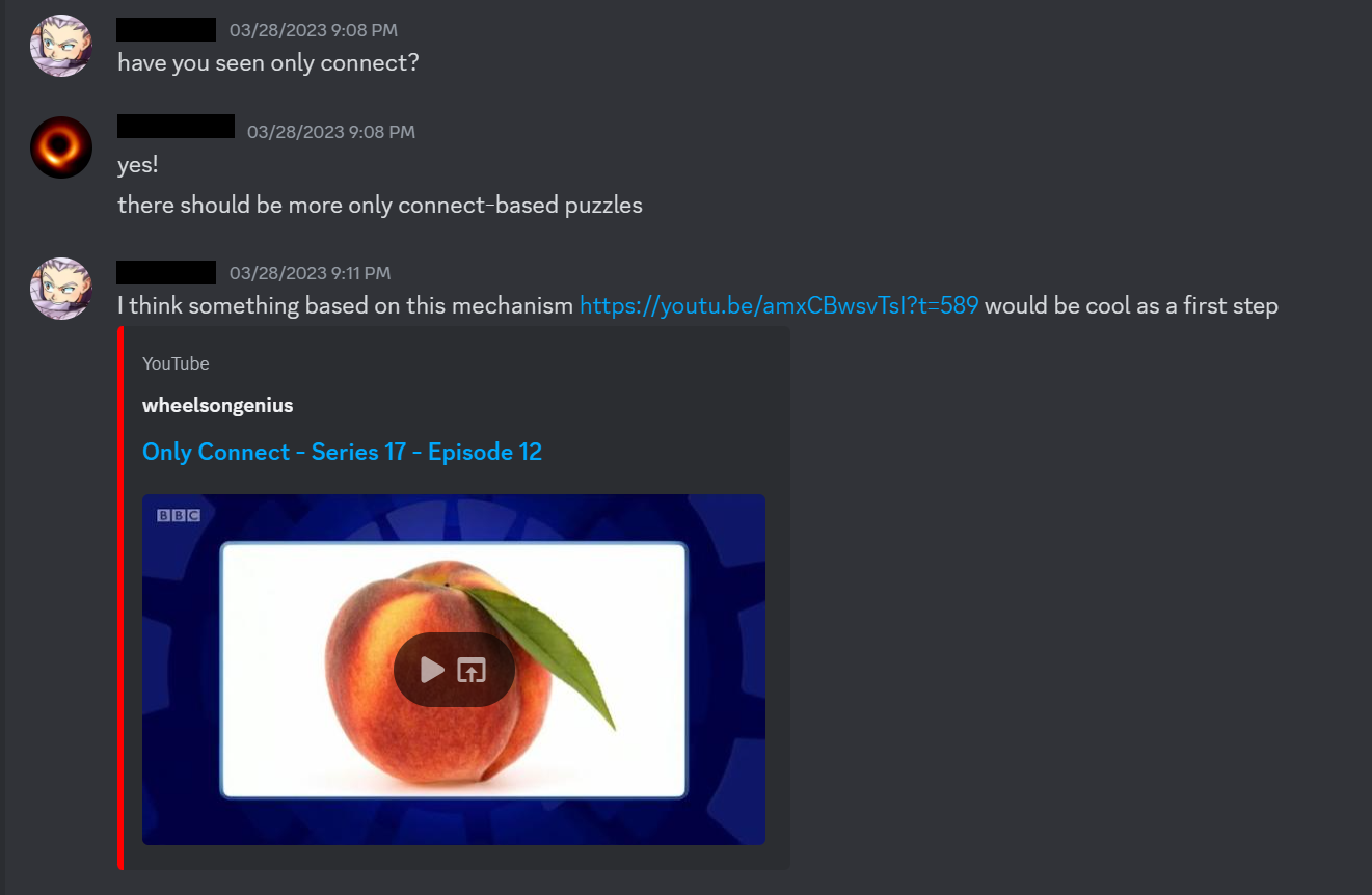 A Discord conversation between the two authors about Only Connect.